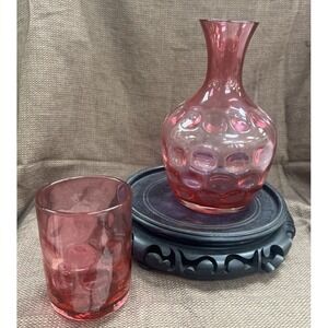 Fenton Cranberry glass Thumbprint/ Coin Dot Bedside  Carafe /Cup set. (1013)